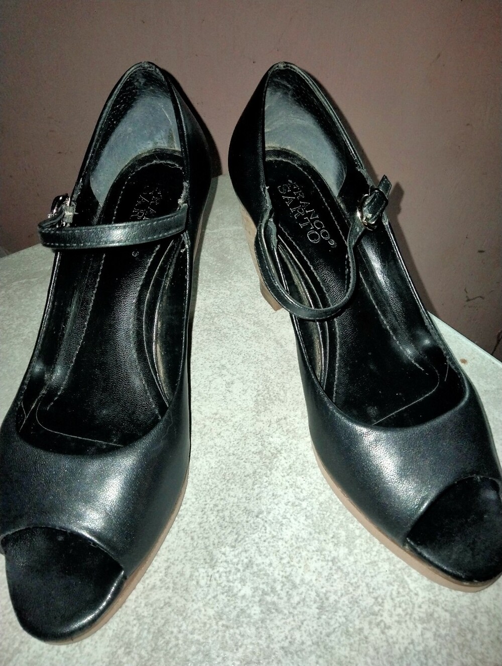 Franco Sarto Straps Black Peep-Toe Mary Jane Heels - Classic Women's Dress Shoes